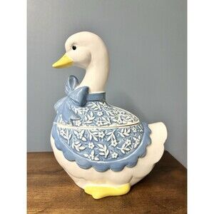 Vtg Country Goose Blue Floral Bow Ceramic Cookie Jar Cottage Core Grandma Japan